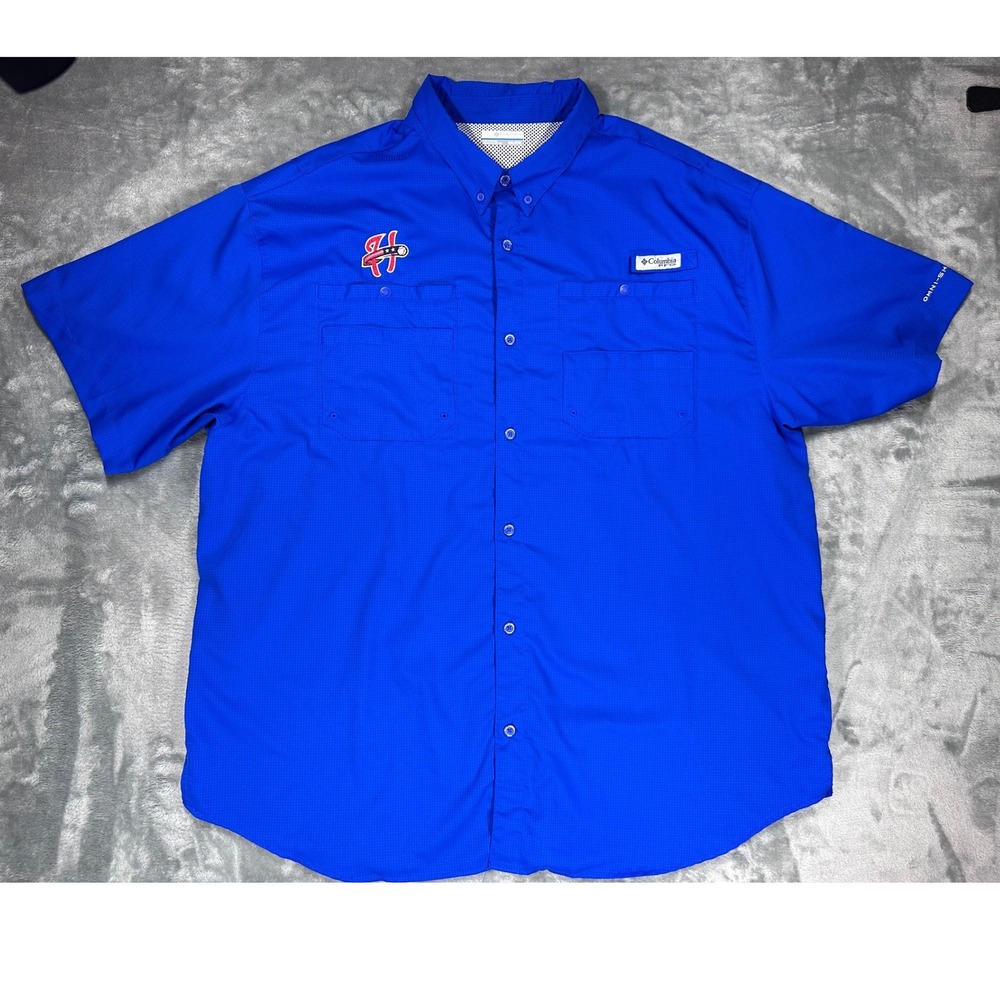 Columbia PFG Mens XXL Blue Short Sleeve Fishing Shirt Omni-Shade Senators Logo